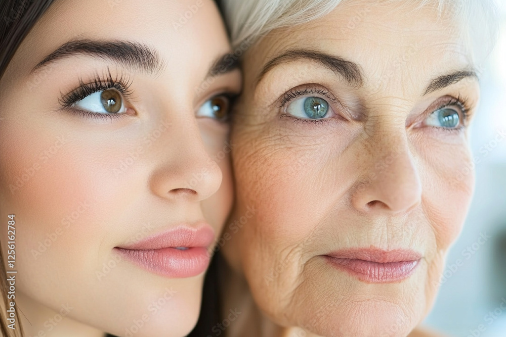 Portrait of a young woman and an older woman showcasing generational beauty and connection Portrait of a young woman and an older woman showcasing generational beauty and connection
