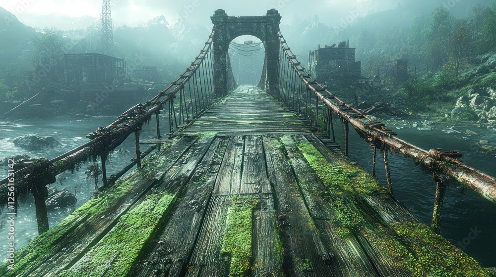 Fototapeta premium Overgrown suspension bridge in a post-apocalyptic landscape.