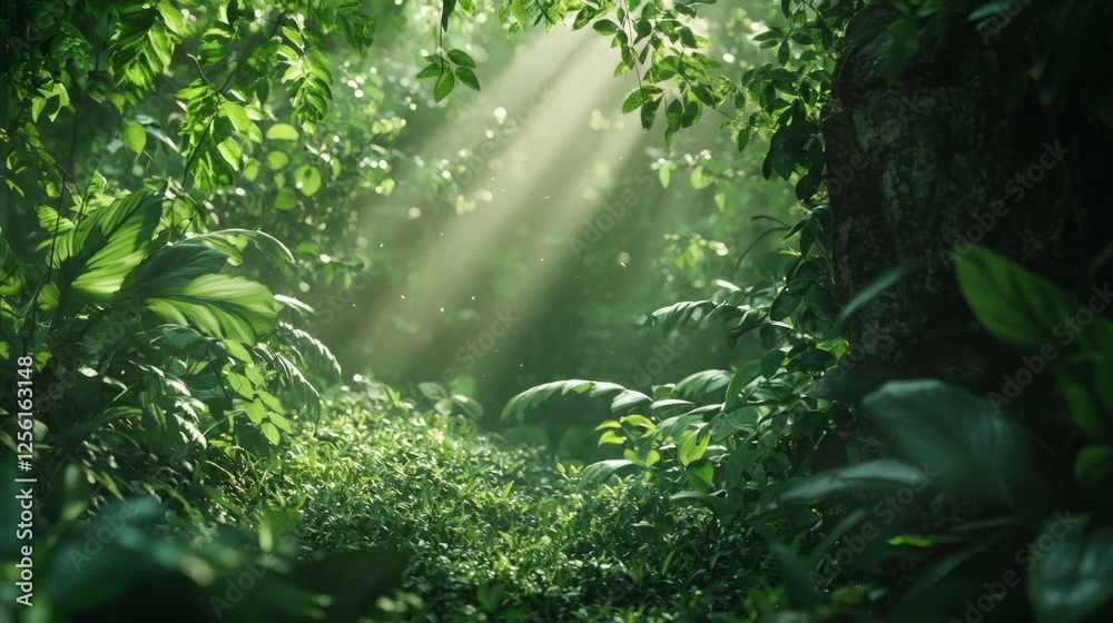 Lush Green Forest Pathway with Sunlight and Vibrant Foliage Lush Green Forest Pathway with Sunlight and Vibrant Foliage