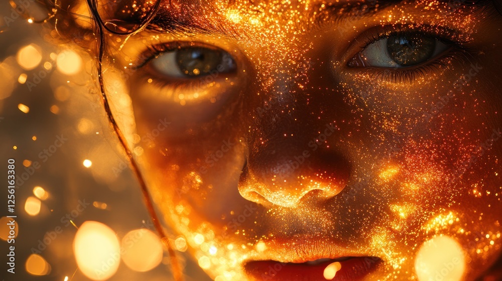 Close-up portrait of a child's face adorned with golden glitter and bokeh lights.