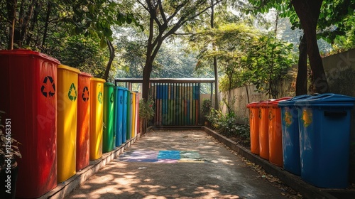 Recycling bins are arranged outdoors, surrounded by plants and trees, indicating an organized waste management system in an urban setting. The bins promote environmental awareness and sustainability.