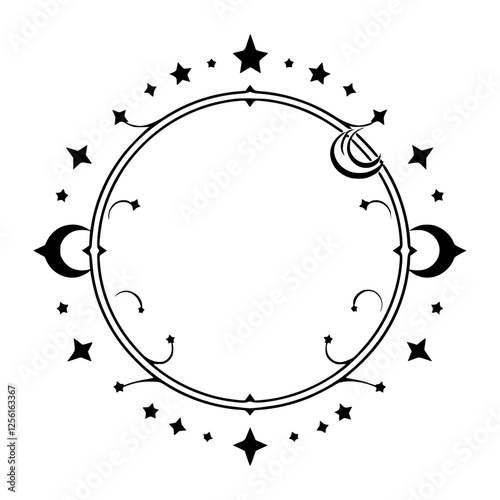 Celestial illustration of a circle ringed by stars and crescent moons
