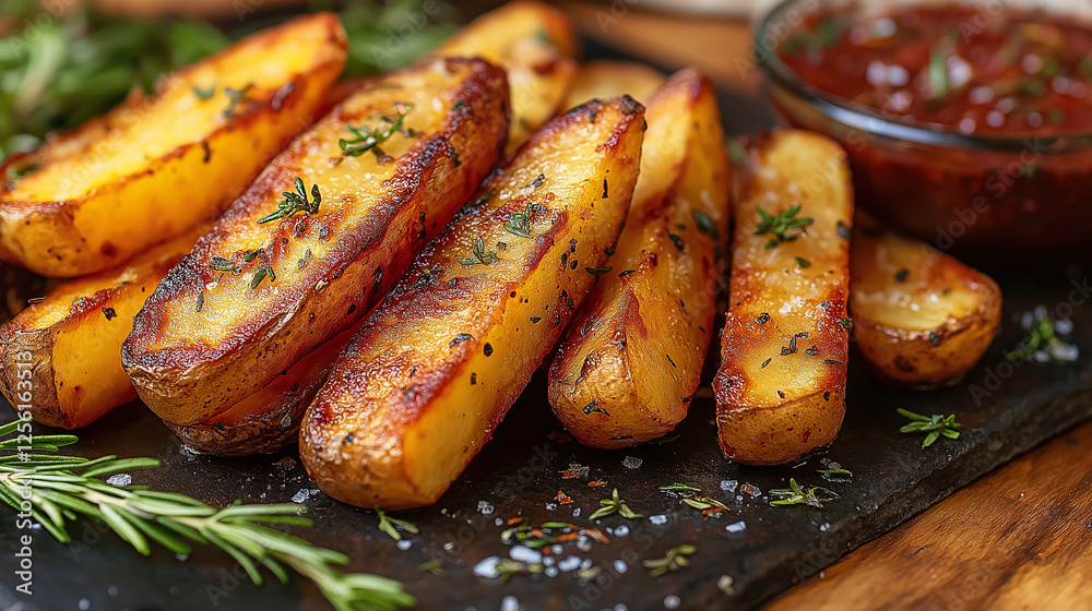 Delicious heap of golden potato fries seasoned to perfection with herbs served in a rustic setting