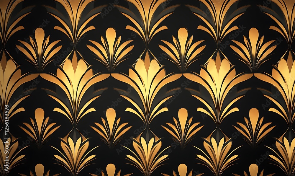 Elegant gold and black art deco floral pattern background.