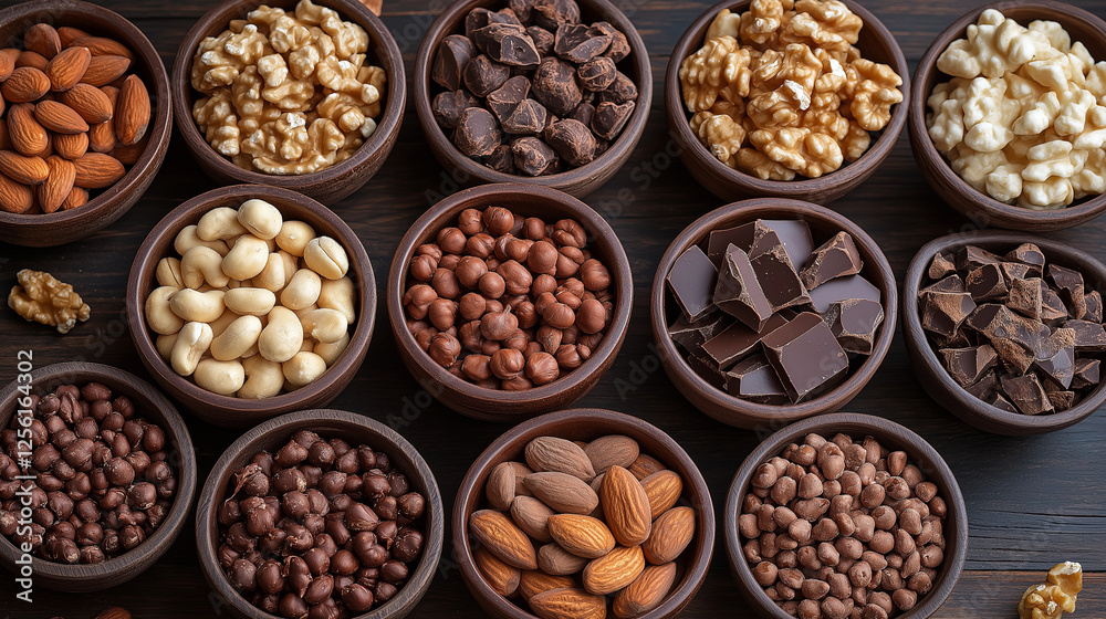 Indulgent assortment of nuts and chocolate delights arranged artistically in rustic bowls, crafted for a mouthwatering experience Indulgent assortment of nuts and chocolate delights arranged artistically in rustic bowls, crafted for a mouthwatering experience