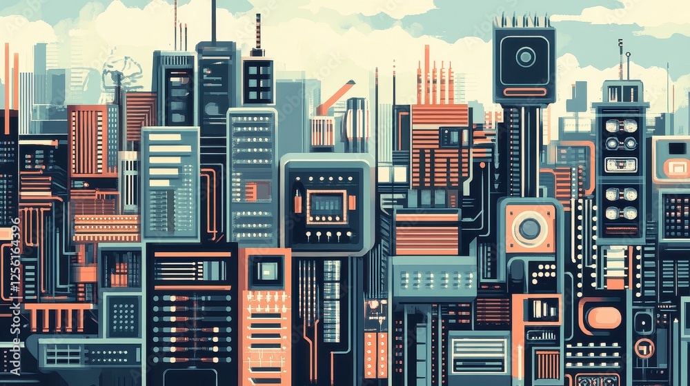 A cityscape with buildings shaped like computer components, representing the integration of technology into urban life. A cityscape with buildings shaped like computer components, representing the integration of technology into urban life.