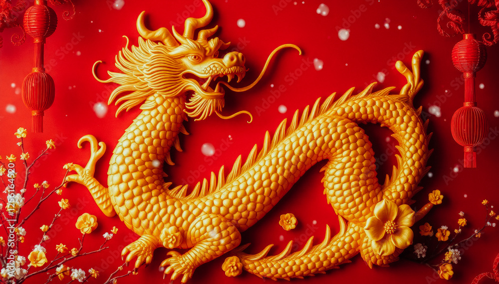 Fototapeta premium Decorative golden dragon with intricate details on a red background, surrounded by lanterns and blossoms.