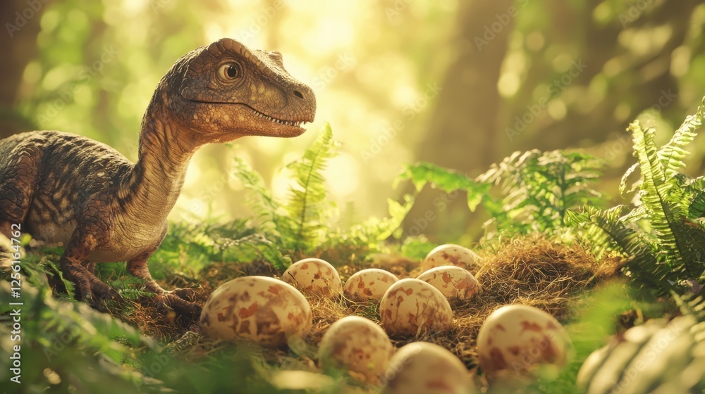 Obraz premium Dinosaur Nesting Scene with Eggs in Lush Green Forest Environment