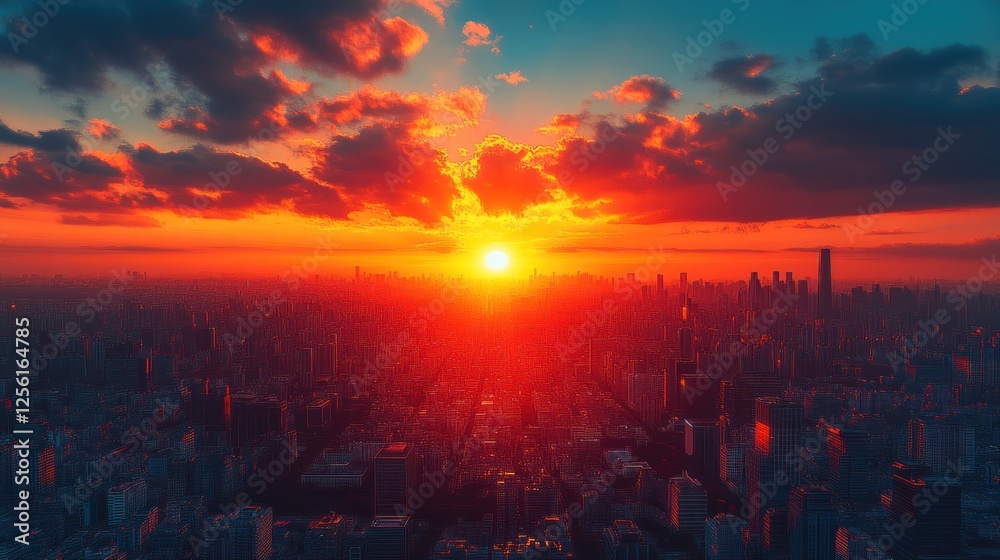 Vibrant sunset over a sprawling city skyline, fiery clouds illuminate the urban landscape. Vibrant sunset over a sprawling city skyline, fiery clouds illuminate the urban landscape.