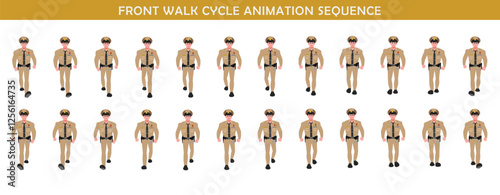 Police Officer Character walk cycle animation sequence. Front walk frame by frame animation sprite sheet