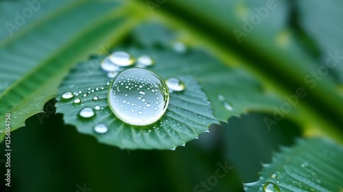 Dew drop on a green fern leaf closeup