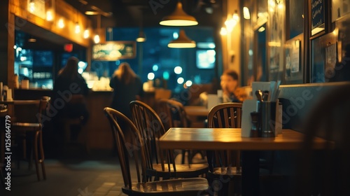 Night cafe interior, patrons dining, warm ambiance, stock photo photo