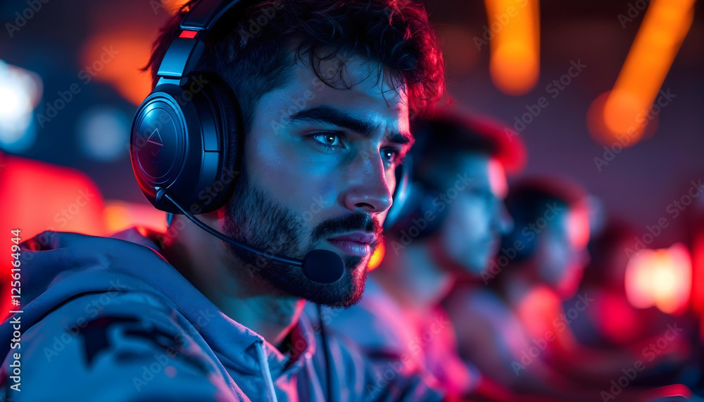 Focused e-sports player in a high-stakes tournament, illuminated by vibrant LED lighting. Focused e-sports player in a high-stakes tournament, illuminated by vibrant LED lighting.