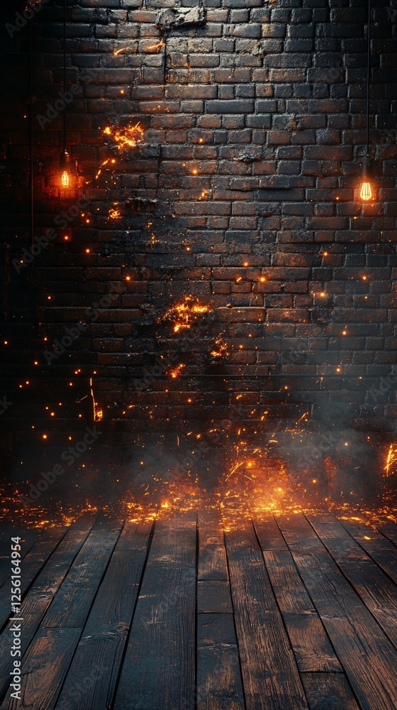 Fototapeta premium A dramatic setting featuring a dark brick wall illuminated by warm, glowing lights with floating sparks and smoke effects.