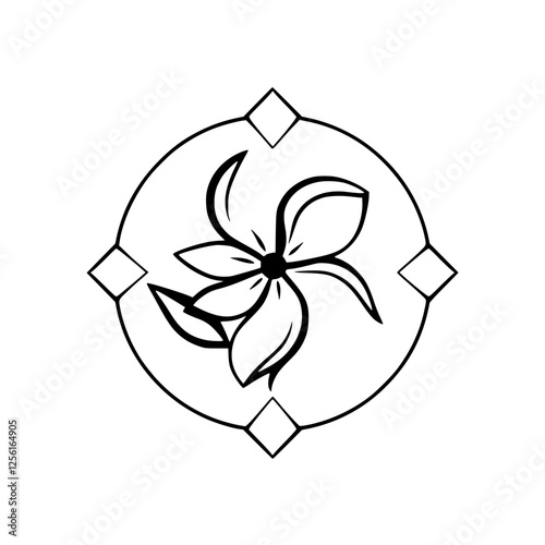 Floral composition featuring a black and white flower design enclosed in a circle with diamond accents.