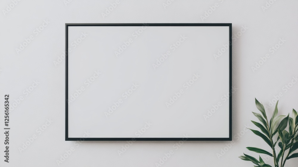 Minimalist Blank Frame on Wall with Green Plant Accent