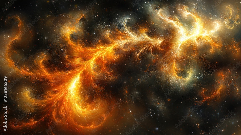 Fiery cosmic nebula swirls in deep space, abstract art. Fiery cosmic nebula swirls in deep space, abstract art.