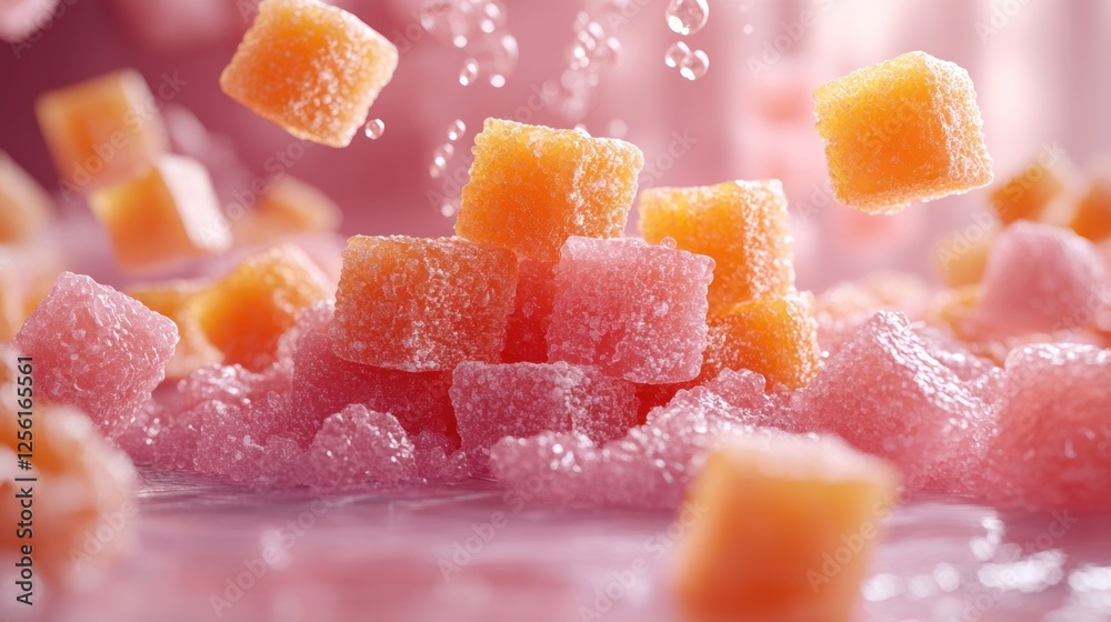 Pink and orange fruit jellies falling into a bubbly pool. Pink and orange fruit jellies falling into a bubbly pool.