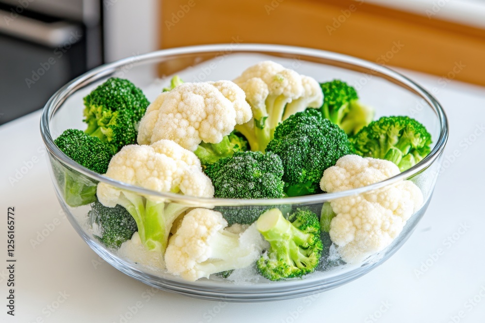 Frozen broccoli and cauliflower in a clear glass bowl on a white kitchen countertop showcasing icy textures and healthy convenience Frozen broccoli and cauliflower in a clear glass bowl on a white kitchen countertop showcasing icy textures and healthy convenience