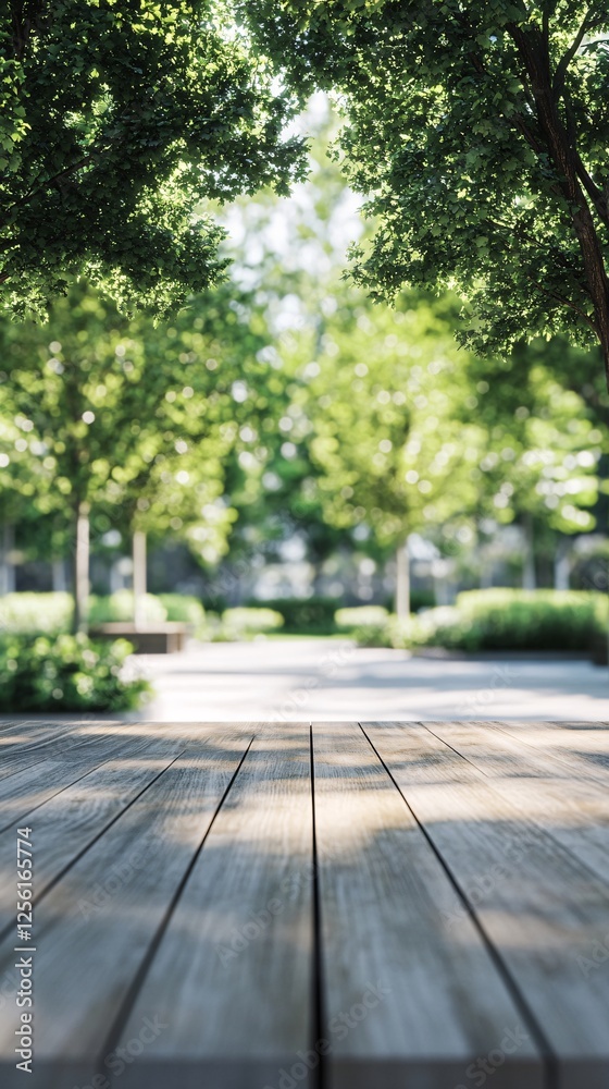 Scenic view of a wooden table in a vibrant park, surrounded by lush greenery and sunlight filtering through the trees. Scenic view of a wooden table in a vibrant park, surrounded by lush greenery and sunlight filtering through the trees.
