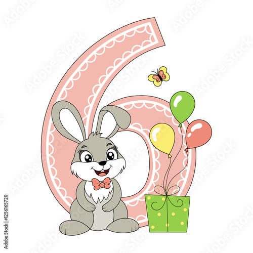 Wallpaper Mural Cute bunny with balloons, happy birthday six year old, six month old. Happy birthday card with character Rabbit. For design, decor, print, greeting cards. Torontodigital.ca