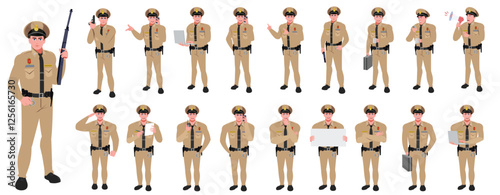 
Police Officer Character Design Model Sheet. Man, Character design. Front, side, back view and explainer animation poses. Character set with lip sync and facial expressions of Happy, angry, sad, Joy 