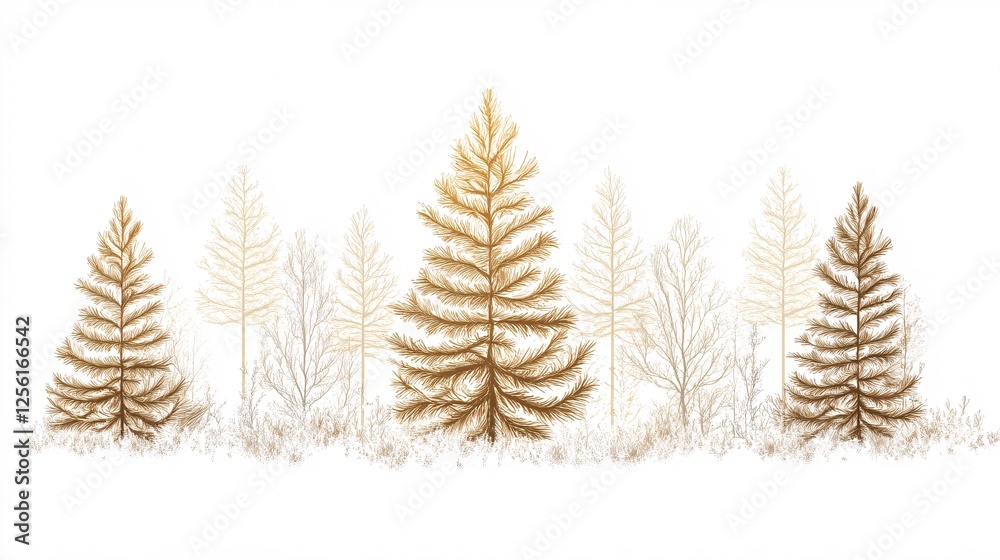Obraz premium Serene winter forest illustration featuring golden-toned trees against a white background.
