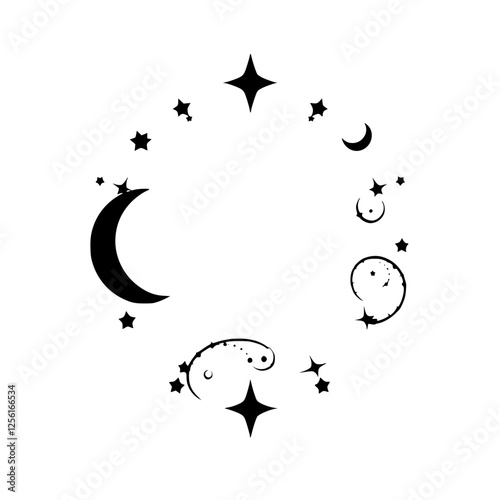 Circular celestial arrangement of crescent moons and stars in minimalist monochrome, highlighting a starry night.