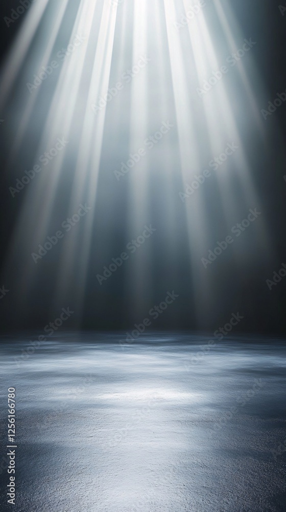 Obraz premium Dramatic light beams illuminate a serene, reflective surface in a mysterious dark setting.