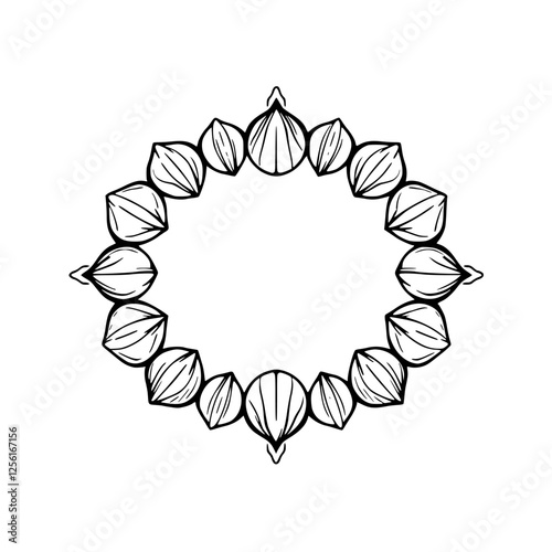 Detailed, symmetrical, oval-shaped frame design composed of teardrop-shaped organic elements.