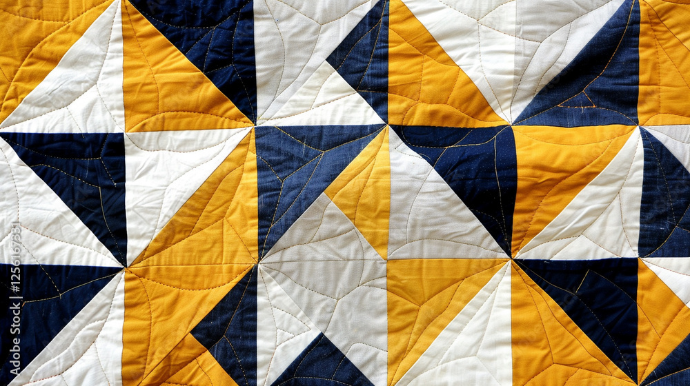 A visually complex quilt featuring quarter square triangles in a blend of bright yellow, navy, and white. 