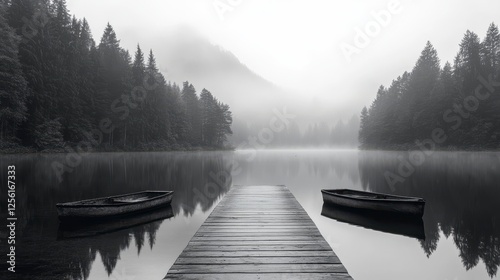 Serene Black and White Landscape with Boats on Dock Surrounded by Misty Trees and Calm Water