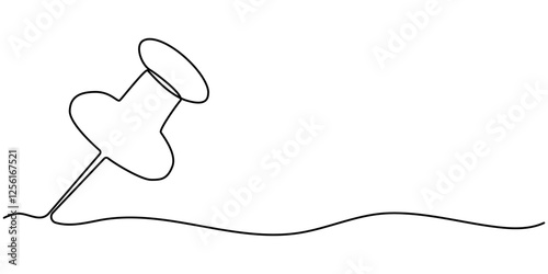 A pushpin drawn in one line. Minimalist linear pin icon attaching paper, Continuous one line drawing of a paper pin. Drawing pin. Vector illustration. Single line pushpin, Linear background of pin.