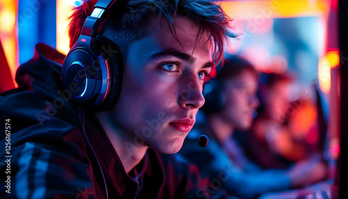 Focused e-sports player in a high-stakes tournament, illuminated by vibrant LED lighting. photo