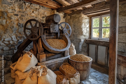 Traditional olive oil press crushing olives in rustic mill