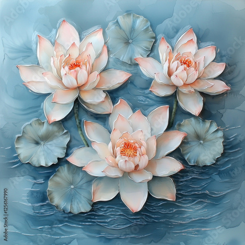 3D lotus flowers on blue water background, ideal for serene art prints