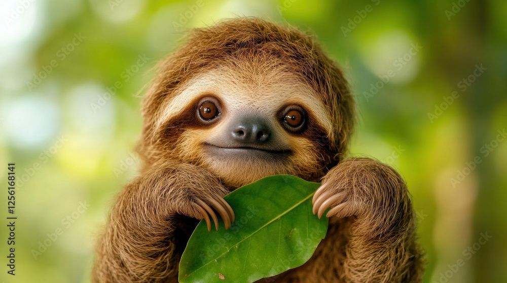 Fototapeta premium Happy sloth, A sloth reaching for a leaf, embodying tranquility and happiness in a high-fidelity image.