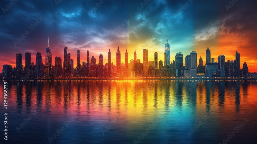 Vibrant sunset skyline reflecting on calm water.