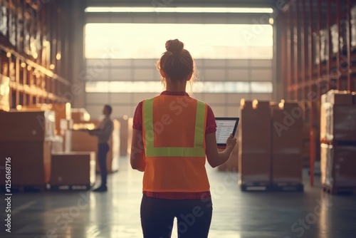 Logistics manager using digital tablet supervising inventory in warehouse