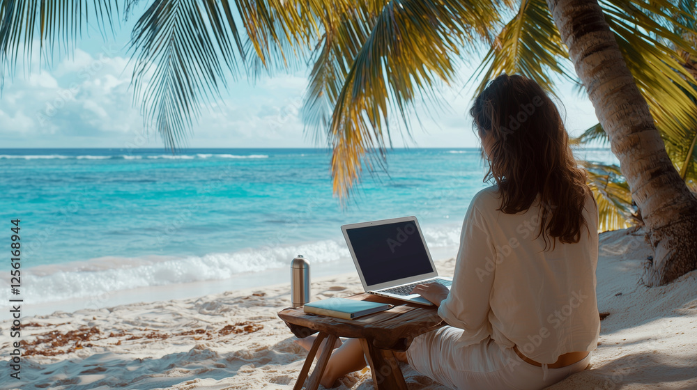 Fototapeta premium Remote Work at the Beach: Productive Paradise with Palm Trees