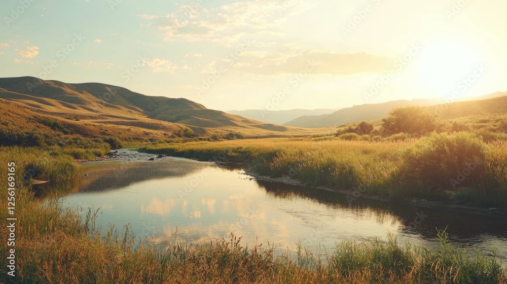 Fototapeta premium Serene Landscape with River and Sunlight Over Rolling Hills