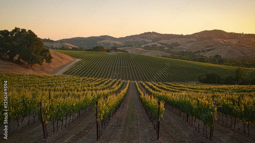Fototapeta premium Serene Vineyard Landscape under Golden Sunset in Mountain Region