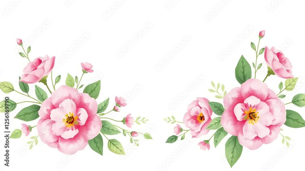 A beautiful floral design featuring pink peonies and green leaves on a white background, perfect for invitations or greeting cards. A beautiful floral design featuring pink peonies and green leaves on a white background, perfect for invitations or greeting cards.
