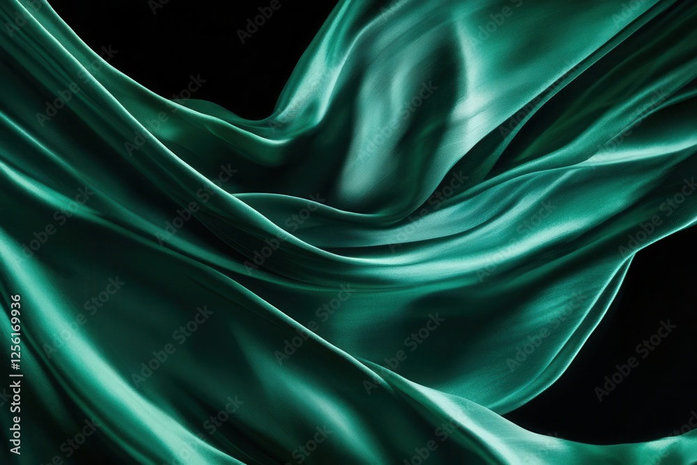 Obraz premium ethereal silk fabric in deep emerald green dancing in wind, creating organic sculptural forms against black background