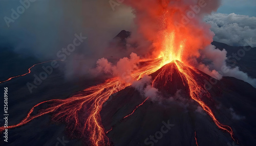 Aerial close-up of a volcano erupting with lava, ash plumes, and fiery destruction. photo