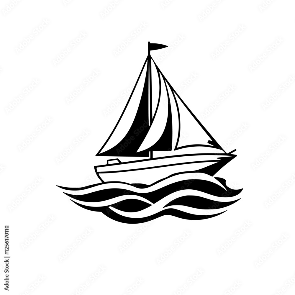 Fototapeta premium Black and white sailboat sailing through the water, featuring waves and a flag.