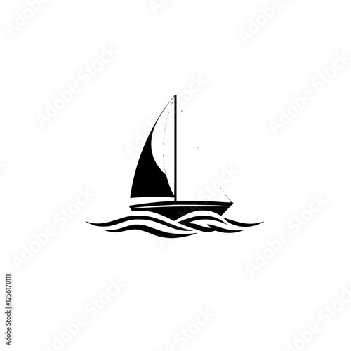 Elegant monochrome illustration of a sailboat sailing on waves, minimalist design.