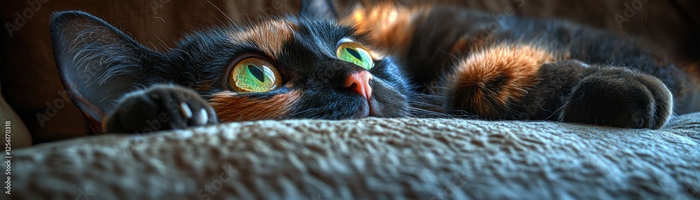 Tortoiseshell cat resting on sofa, indoors. Cozy home scene Tortoiseshell cat resting on sofa, indoors. Cozy home scene