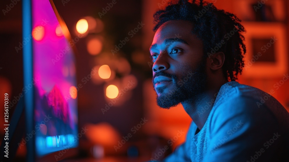 Obraz premium Pensive young man looking away from computer screen in dimly lit room.