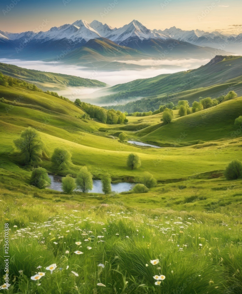 Obraz premium Mountain landscape with a lake and green hills under a blue sky